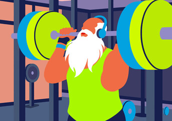 Illustration of a bearded man in a gym lifting a heavy barbell with vibrant colors.   Illustration