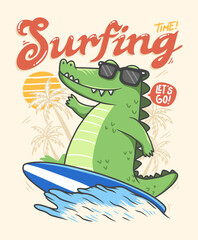 Cool crocodile surfing hand drawn illustration , ready for print on t-shirt and other uses.