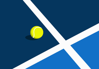 Tennis ball on a blue and white tennis court with bold geometric lines. Illustration