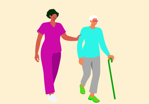 A smiling caregiver in scrubs supports an elderly person walking with a cane, showcasing compassionate assistance and elder care. 