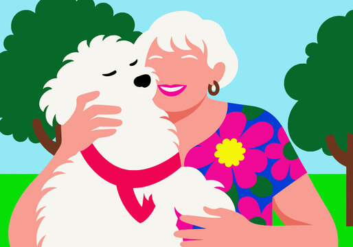 A joyful senior woman in a floral dress lovingly hugging her fluffy white dog outdoors in a park, finding companionship and happiness. 