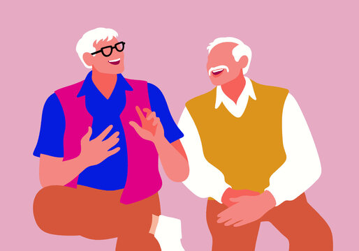Two senior friends enjoy a lively conversation, sharing laughter and companionship in a moment of joyful connection and camaraderie. 