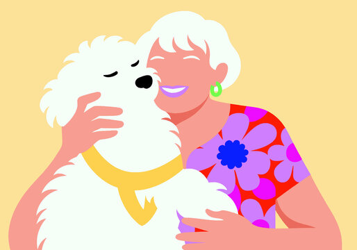 A joyful senior woman shares a loving embrace with her fluffy white dog, a heartwarming scene of companionship and affection. 