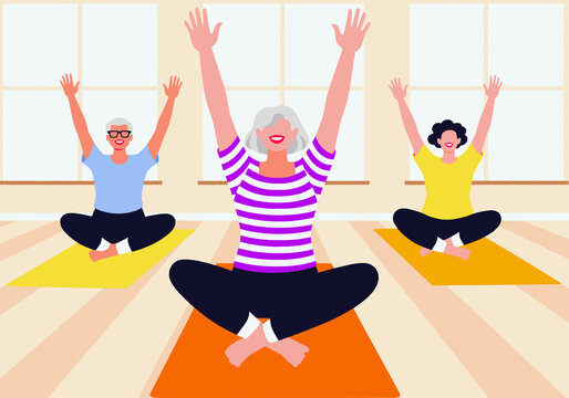 Illustration of three seniors joyfully practicing yoga together in a studio, sitting on mats with arms raised, promoting active and healthy aging. 