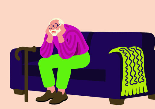 A senior man sits alone on a couch, head in hands, conveying feelings of anxiety, loneliness, and deep contemplation at home. 