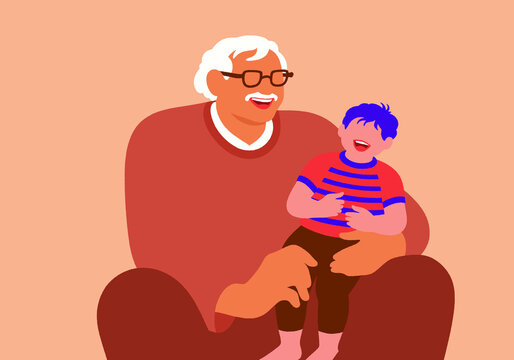 Elderly person joyfully holding a child, both smiling on a peach background. Illustration