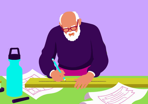 Elderly white man writing with a pencil on a ruler at a desk with papers. Illustration