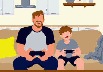 An animated father and son happily playing video games on a living room couch. Illustration