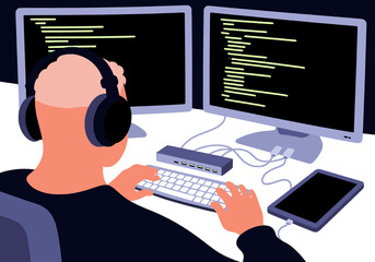 Person with headphones works on a computer setup with dual monitors and a tablet. Illustration