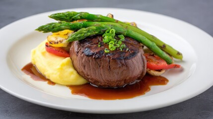 Flat lay of filet mignon steak plated with grilled vegetables and mashed potatoes, gourmet meal presentation with room for overlay