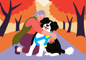 A woman kneels on a path hugging a large black and white dog amid vibrant autumn trees. Illustration