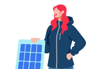 Woman with red hair holding a solar panel in a blue jacket on a white background.