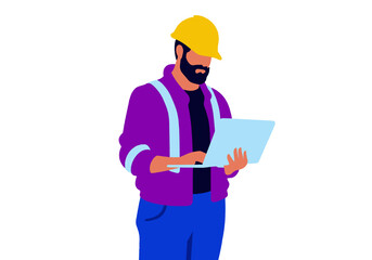 Construction worker using a laptop in protective gear on white background Illustration