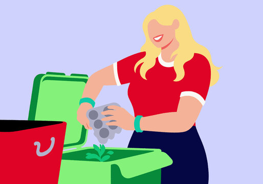Woman adding compost to a container, promoting eco-friendly living. Illustration