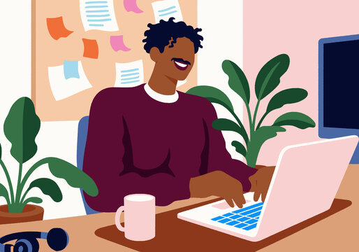 Person working on a laptop at a desk with plants and sticky notes in a modern office setting. Illustration