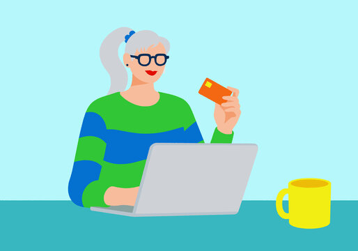 Woman with laptop holding credit card, mug on table, blue and green colors, cartoon style. Illustration