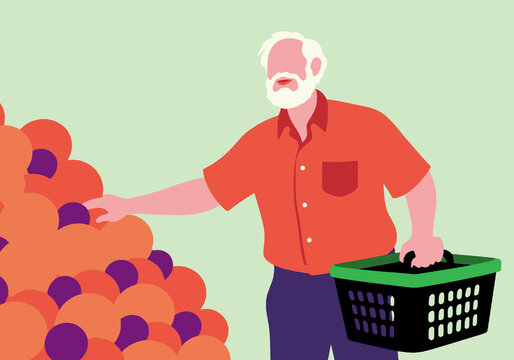 Older man with a shopping basket selecting oranges from a fruit stand. Illustration