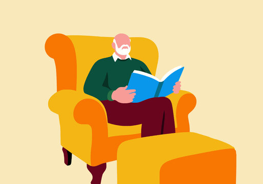 Elderly man reading a blue book in a yellow armchair, with a matching footstool nearby. Illustration
