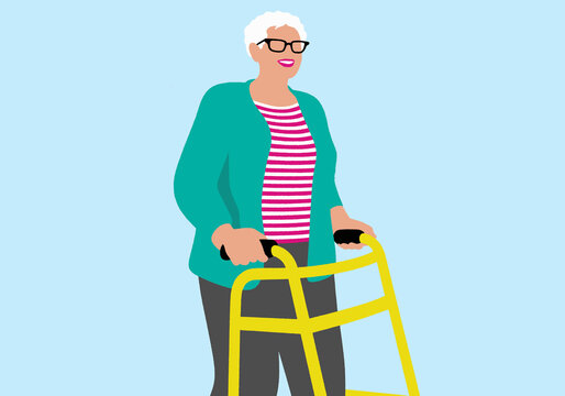 Elderly woman with white hair and glasses using a yellow walker on a blue background. Illustration
