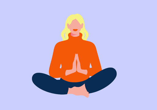Woman with blonde hair in a red sweater meditates in a seated yoga pose on a purple background. Illustration