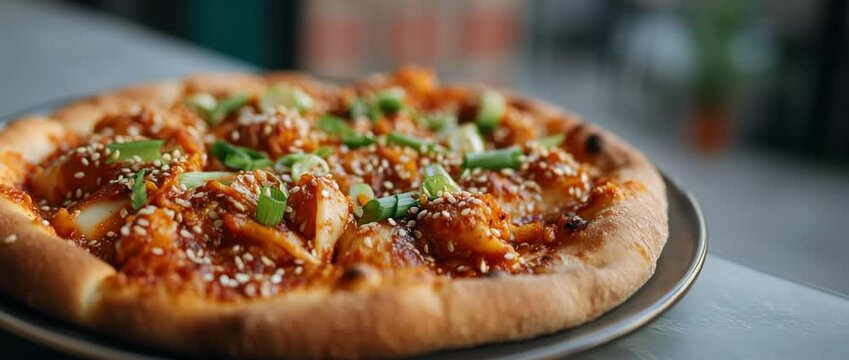 Freshly baked pizza garnished with fresh basil leaves in progressive closeup sequence
