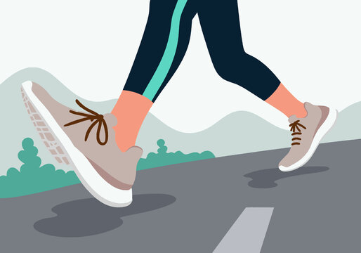 Illustration of legs in athletic shoes jogging on a road with mountains in the background. Illustration