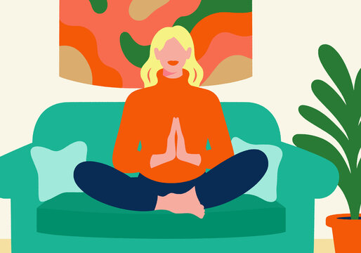 Woman meditating on teal sofa with colorful abstract wall art and green plant nearby. Illustration
