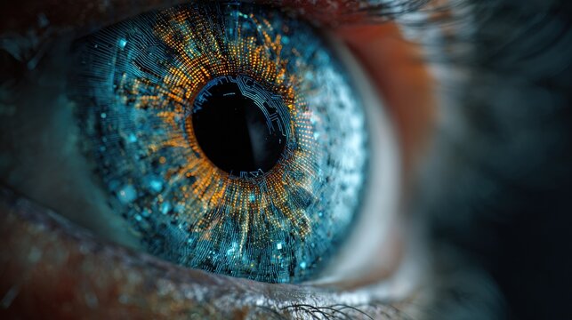 Close-up of Human Eye Observing Digital Data Stream, Symbolizing Technology, Information Processing, and Business Intelligence Analysis