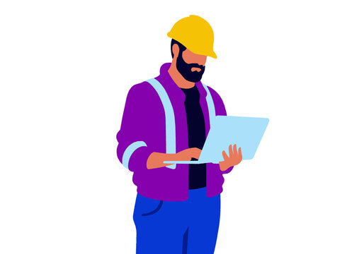 Construction worker using a laptop in protective gear on white background Illustration