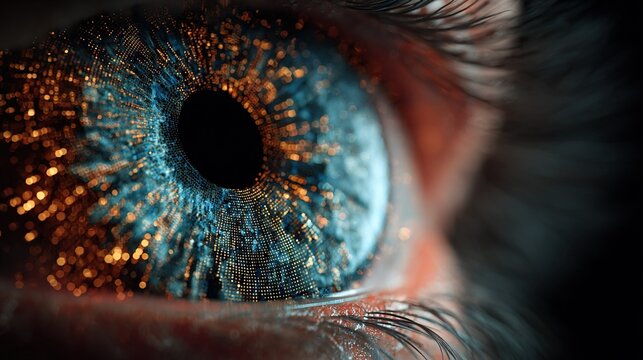 Close-up of Human Eye Observing Digital Data Stream, Symbolizing Technology, Information Processing, and Business Intelligence Analysis