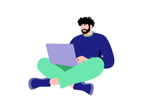 Illustrated person sitting cross-legged using a laptop on a white background. Illustration