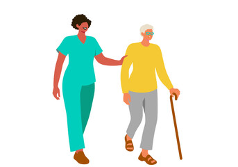 A healthcare worker assists a senior adult using a cane while walking. Illustration