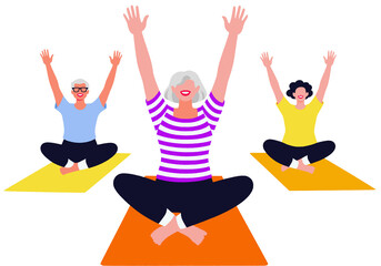 Three people doing yoga on mats with arms raised, smiling and relaxed. Illustration