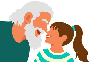 Smiling grandfather and granddaughter enjoying a happy moment together.  Illustration