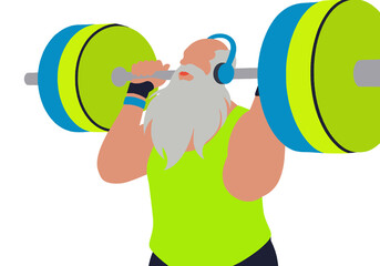 An illustration of a bearded man lifting weights while wearing headphones. Illustration