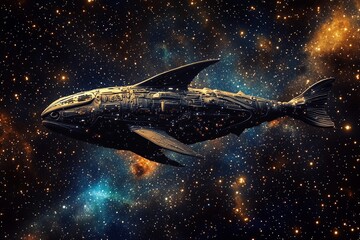 Naklejka premium Futuristic spaceship shaped like a fish gliding through a star-filled cosmos