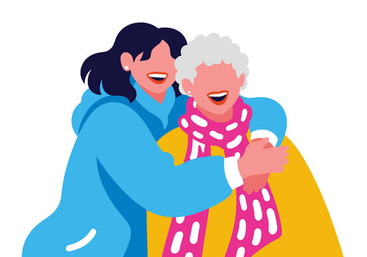Two people embrace joyfully against a plain white background, clad in bright winter attire. Illustration