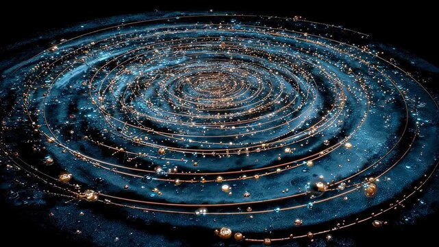 spiral pans reveal celestial landscape, with constellations forming shape zodiac wheel. spiral energy travels through each constellation, highlighting unique characteristics traits
