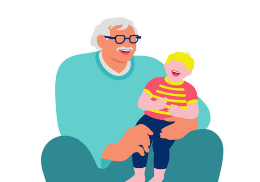 Elderly man smiling while holding a laughing child in his lap Illustration