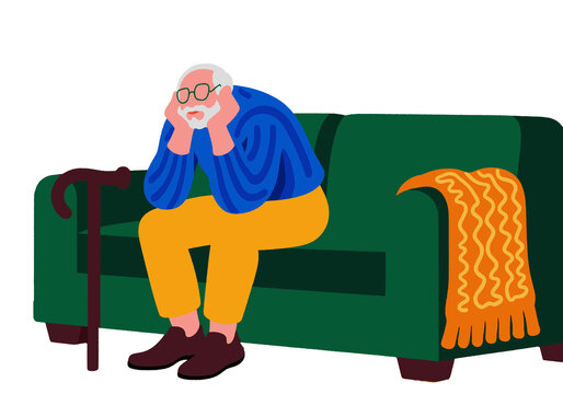 Elderly man sitting on a green couch with a cane and orange blanket. Illustration