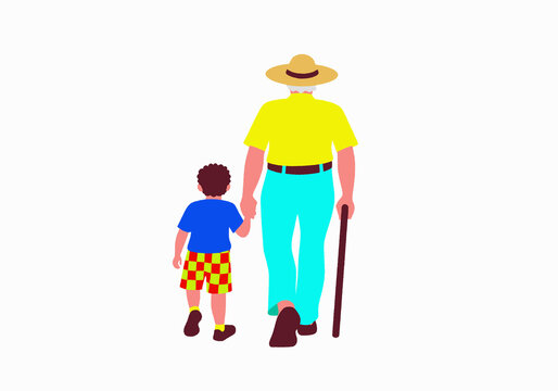 Elderly man with walking cane and child holding hands, wearing bright summer clothes.  Illustration