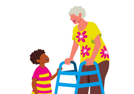 Elderly woman with walker smiling at child in pink and yellow against white background. Illustration