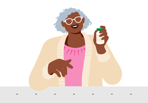 Elderly person with glasses smiling and holding a small bottle in a light, cheery setting. Illustration
