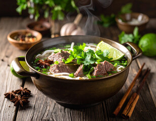 A steaming pot of Vietnamese beef pho simmering with star anise, cinnamon, and green onions in a rustic kitchen.