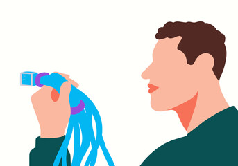 Man holding a bundle of blue cables with a connector on a white background. Illustration