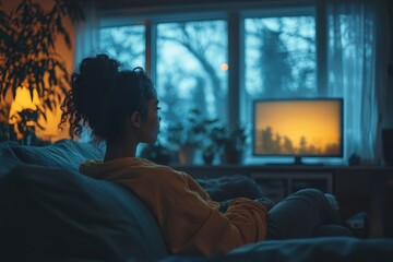 Girl watching television sitting at home, relaxing and enjoying her favorite show in a cozy indoor setting, Generative AI