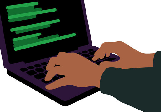 Hands typing on laptop with green code lines on screen.  Illustration