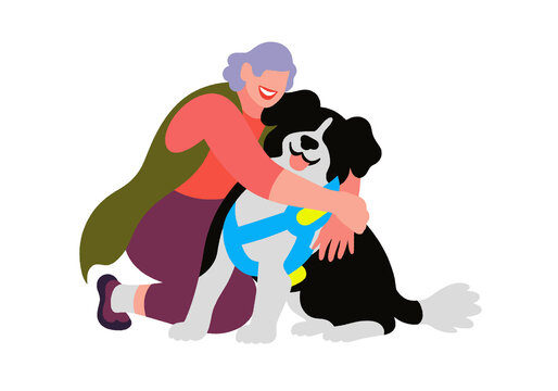 Smiling person hugging a large black and white dog in a joyful embrace. Illustration