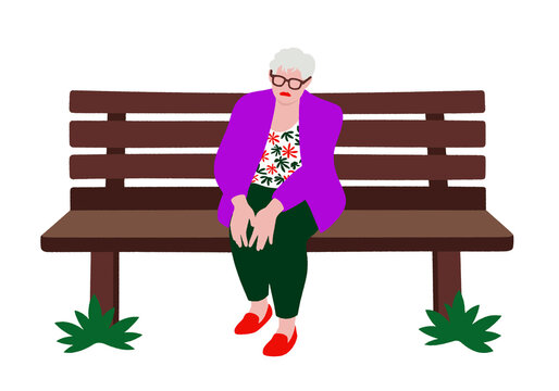 Elderly woman in colorful attire sitting on a wooden bench with plants nearby. Illustration