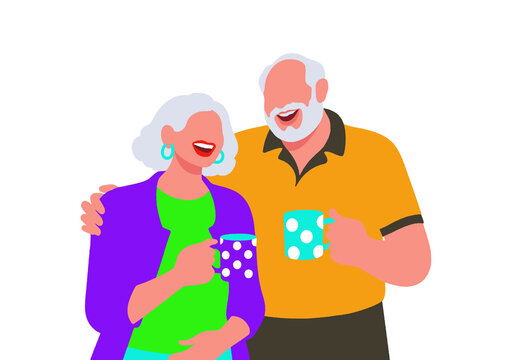 An elderly couple joyfully sharing a moment, holding polka dot mugs on a white background. Illustration